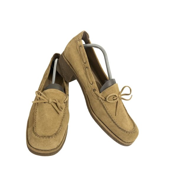 Nickels Women's size 11M Tan Suede Leather T-Fishbone Block Heel Loafer Shoes - Picture 1 of 8